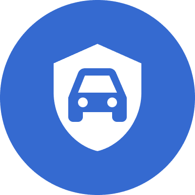 White car icon inside a shield on a blue circular background.