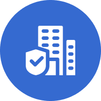 Icon of buildings with a shield and check mark, symbolizing security, against a blue circular background.