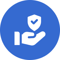 Icon of a hand holding a shield with a checkmark, symbolizing protection or security, on a blue circular background.
