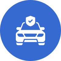 Icon of a car with a shield and checkmark on the hood, set against a blue circular background.