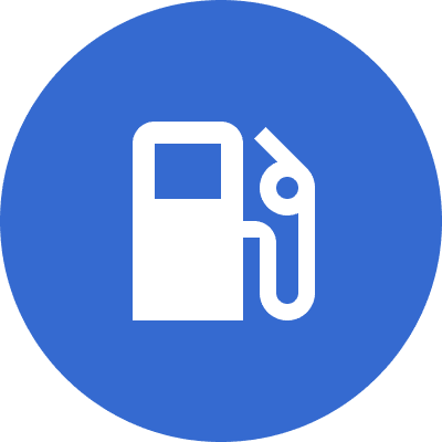 Blue circle with a white gas pump icon, featuring a hose and nozzle.