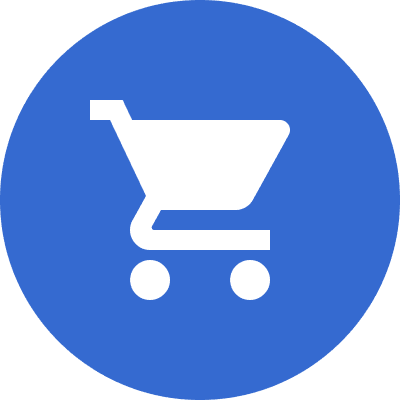 White shopping cart icon inside a blue circle background.