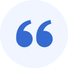 Blue quotation marks on a circular gray background.