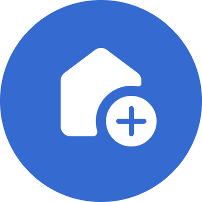 White house icon with a plus sign overlay on a blue circular background.
