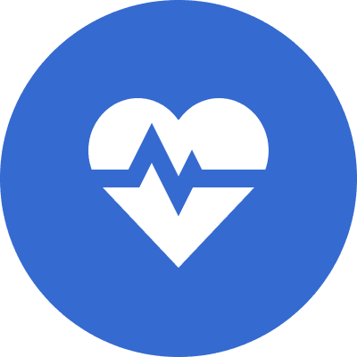 White heart with a pulse line inside a blue circle.